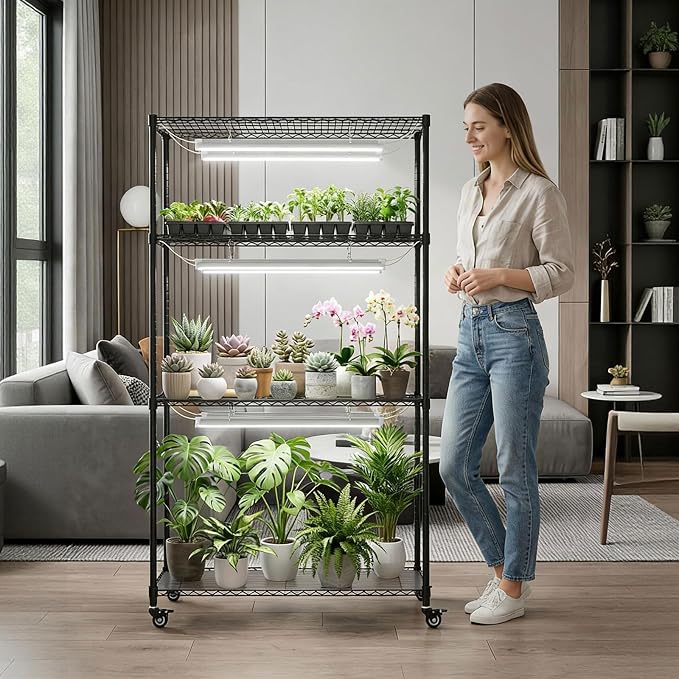 Plant Stand with Grow Lights, Indoor Plant Shelf with Wheels | 36"x14"x63" sturdy Metal Plant Shelving, 6 full-spectrum Grow Light, Timer, Thermometer for herbs, seed starting, propagation