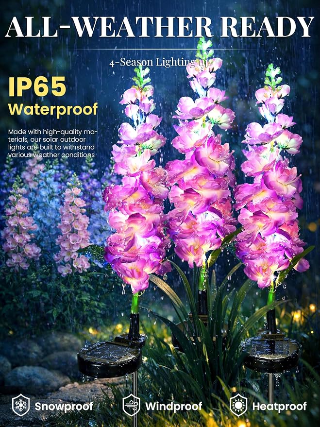 GIGALUMI Solar Lights Outdoor for Garden Decor, 2 Pack Solar Flower Lights Waterproof, 2 Lighting Modes Delphinium for Pathway,Yard, Patio, 4th of July Decoration, Gifts for Women (Purple)