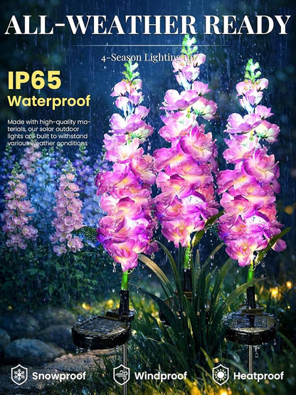 GIGALUMI Solar Lights Outdoor for Garden Decor, 2 Pack Solar Flower Lights Waterproof, 2 Lighting Modes Delphinium for Pathway,Yard, Patio, 4th of July Decoration, Gifts for Women (Purple)
