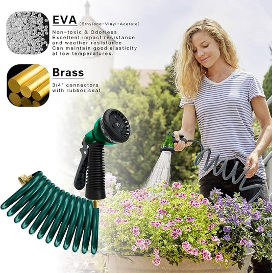 Coil Hose 10FT EVA Coil Garden Hose With 3/4'' Brass Connector Coiled Water Hose Lightweight And No Kink Includes 7 Patterns Spray Nozzle For Outdoors Lawn Watering Car Washing
