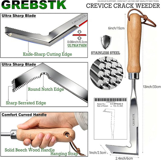 GREBSTK Crack Weeder Crevice Weeding Stainless Steel Sharp Lightweight Tool | Razor-Sharp Rust-Resistant L-Shaped Blade, Solid Beech Wood Non-Slip Handle, for Patio Cracks, Driveway Gaps, Walkway Edging