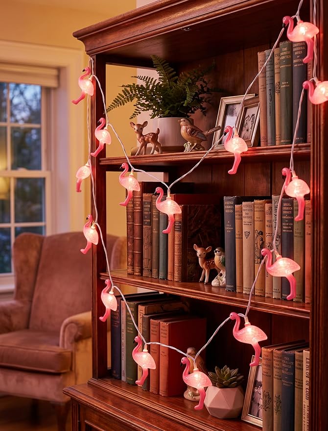 Summer Themed Pink Flamingo String Lights, 8.5Ft Tropical Beach Flamingo Decor Lights, Indoor/Outdoor Party Lights for Bedroom Birthday Wedding Holiday Hawaiian Tiki Tropical Party Décor