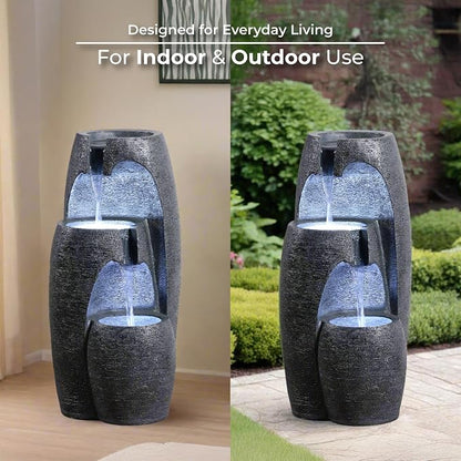 Teamson Home 3-Tier Cascading Urn Outdoor Water Fountain, Black | Cool Glow Lighting, Adjustable Flow, Electric Pump