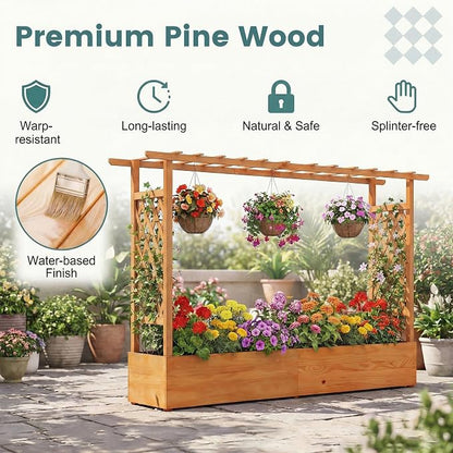 HAPPYGRILL Raised Garden Bed with Trellis, Freestanding Wood Planter Box w/Hanging Roof & 8 Drainage Holes for Vine, Climbing Plants, Flowers, Outdoor Planter with Trellis for Garden, Patio, Yard