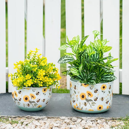 Joint Honglin Butterfly & Bee Metal Planters Set of 2 – Decorative Flower Pots with Colorful Garden Prints, Outdoor & Indoor Use Cute Spring Floral Design for Patio, Balcony, Home Decor (Bee)