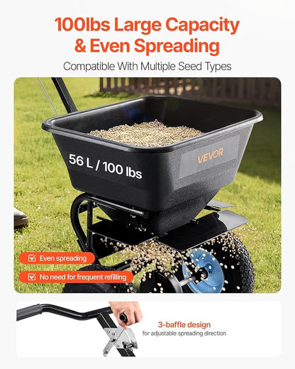 VEVOR Broadcast Spreader, 100LBS Capacity, Walk-Behind Push Spreader, 0-9.8ft Spreading Width, 13 in All Terrain Pneumatic Tires, Fertilizer Spreaders with Hopper Grate, for Seed Salt Ice Melt
