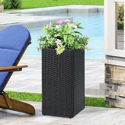 SUNNYPARK 2 Pack Tall Planters for Outdoor Rattan Square Box 12x12x24inch | All-Weather, Handmade PE Rattan, Removable Liner, Indoor Outdoor, Patio Porch Garden, Modern Design for Plants Flowers