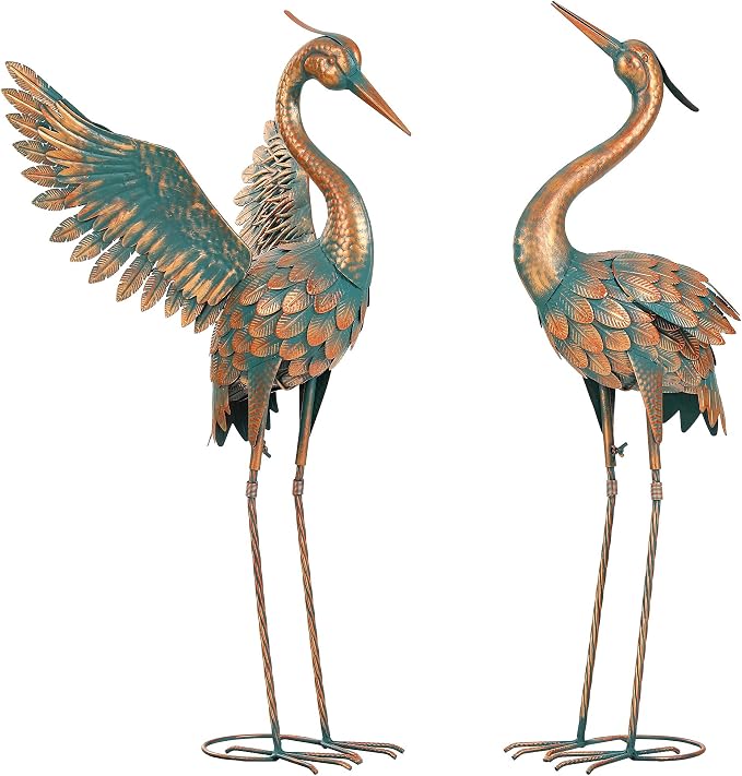 36.8" Metal Crane Garden Statue, Extra-Large Heron Yard Art | Handcrafted Blue Heron with U-ground Stakes for Stability. Weatherproof Iron Bird Art for Backyard, Lawn, Pond, or Patio.