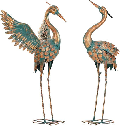 36.8" Metal Crane Garden Statue, Extra-Large Heron Yard Art | Handcrafted Blue Heron with U-ground Stakes for Stability. Weatherproof Iron Bird Art for Backyard, Lawn, Pond, or Patio.