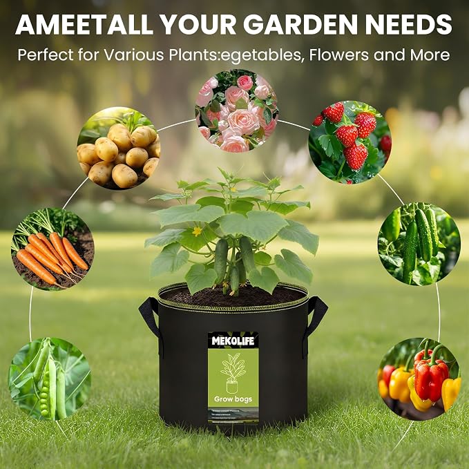 MEKOLIFE Fabric Grow Bags（5 Gallon 6Pack）, Thickened Aeration Planter Bags with Handles Plant Tags Seedling Bags for Outdoor Indoor Vegetable Garden, Black