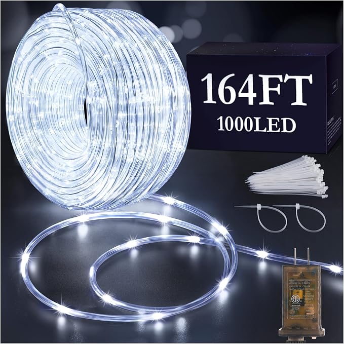 KNONEW 164FT 1000LED Rope Lights for Outside,Outdoor String Lights Waterproof 8 Modes Clear Tube Light for Indoor,Bedroom,Wedding,Garden,Patio,Christmas,Tree,Rv,Holiday Decoration(Cold White)