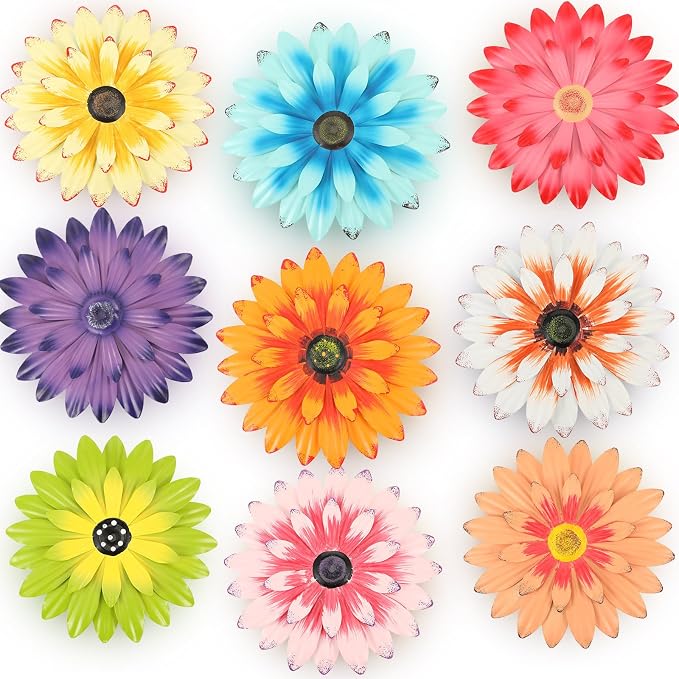 Zhehao 9 Pcs Metal Flower Wall Art Hanging 3D Daisy Decor Metal Flowers Outdoor Decor Multicolored Layered Floral Sunflower Wall Decorations for Home Garden Porch Patio(Bright Color,6 Inch)