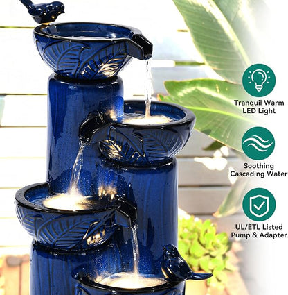33" H Ceramic Outdoor Water Fountain with LED Lights, 4-Tier Bowl Water Feature with Birds, Cobalt Blue Glaze, Embossed Leaf Pattern, Cascading Waterfall for Tranquil Garden, Patio, or Porch