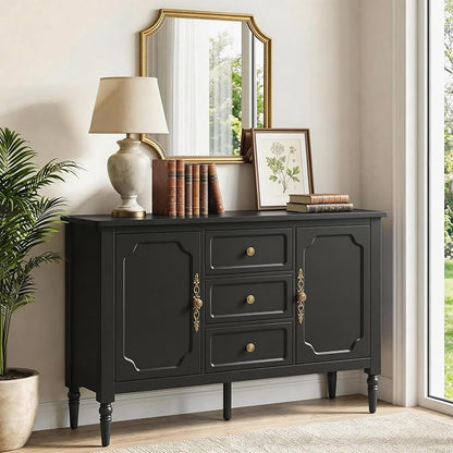 RoyalCraft Buffet Cabinet with 2 Doors & 3 Drawers, Vintage Sideboard with Storage, Painted Coffee Bar Table with Solid Wood Legs, Ideal for Kitchen, Living Room, Dining Room, Black