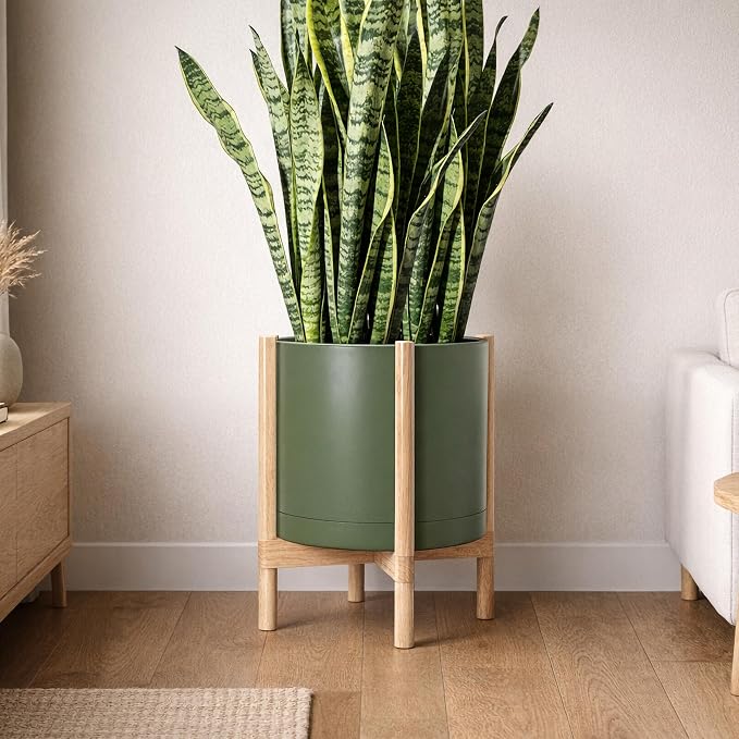D'vine Dev Plastic Pot with Natural Wood Stand, Olive, 16 in, 55-C-Y-3 | Mid-Century Inspired Design, Elevated Plant Display, Clean Lines, Sturdy Support, Modern Space-Saving Style
