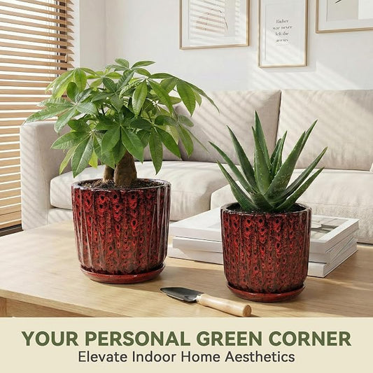 10 Inch Ceramic Planter Pot with Saucer Drainage Leak-Proof Mesh,Flower Pots for Indoor Plants with Gardening Gloves,Ceramic Planter(Spotted Red)