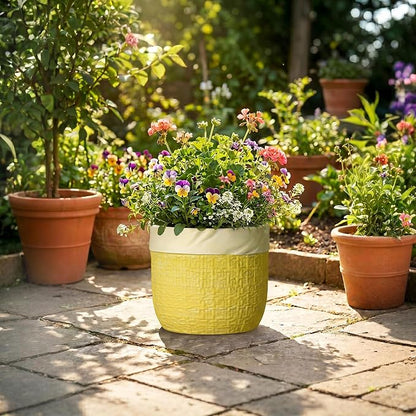 Ceramic Plant Pots - 9.8 Inch Plant Pots for Indoor Plants, Round Planter with Drainage Hole and Plug, Boho Pot for Plants, Decorative Flower Pot, Front Porch Decor, Gardening Gifts, Yellow