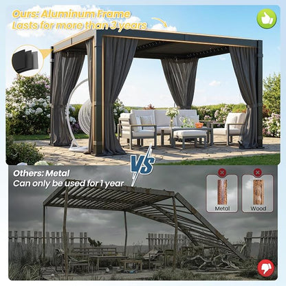 10' x 12' Louvered Pergola, Aluminum Frame Outdoor Pergola with Adjustable Louvered Roof, Curtains & Netting, Patio Hardtop Gazebo with Gutter System for Deck, Garden, Yard, Dark Gray