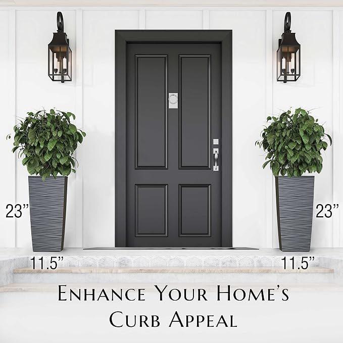 Mueller M-Resin Heavy Duty Tall Planters for Outdoor Plants, Indoor Grande Plant Pots, Boxes, Trees, Flower Pots, 2-Piece Set, 24”, Modern Design, Built-in Drainage, Front Porch Decor, Dark Gray