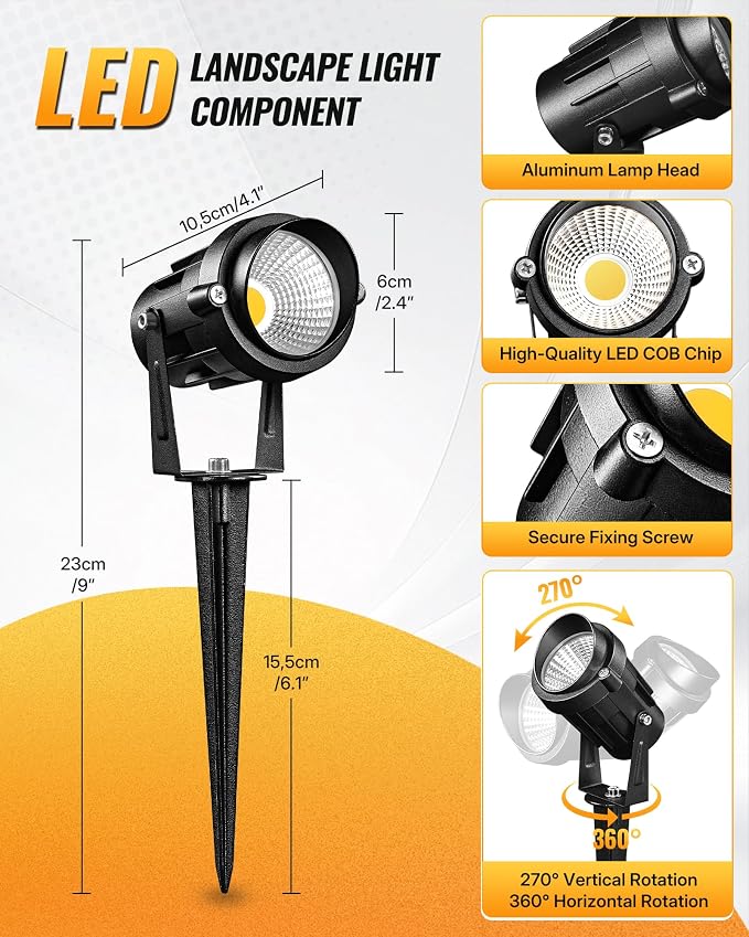 6W 700LM Low Voltage Landscape Lighting, 12V AC/DC 3000K Warm White LED Low Voltage Landscape Lights, IP65 Waterproof Outdoor Spotlights with Connectors for Garden Tree Yard 10Pack W01SLP1006