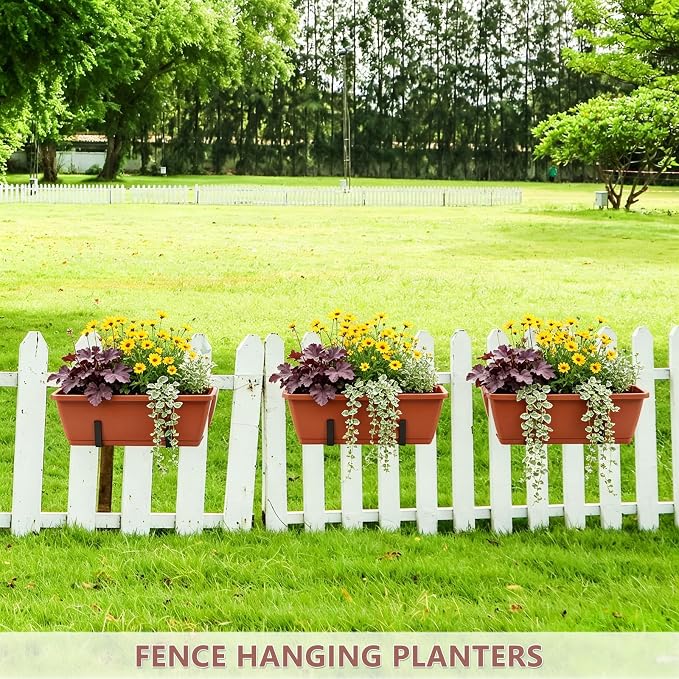 Deck Railing Planter Adjustable Window Box Set of 2 Outdoor Balcony Herb Planter Boxes with Window Plant Hanger, 17 Inch Plastic Hanging Flower Basket Planting Pots for Porch Fence Patio Decor, Red