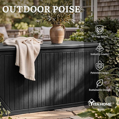 YITAHOME XXL 300 Gallon Extra Large OutdoorDeck Box | Lockable Resin Storage Box and Waterproof Patio Furniture Bin for Garden Tools & Pool Accessories, Black