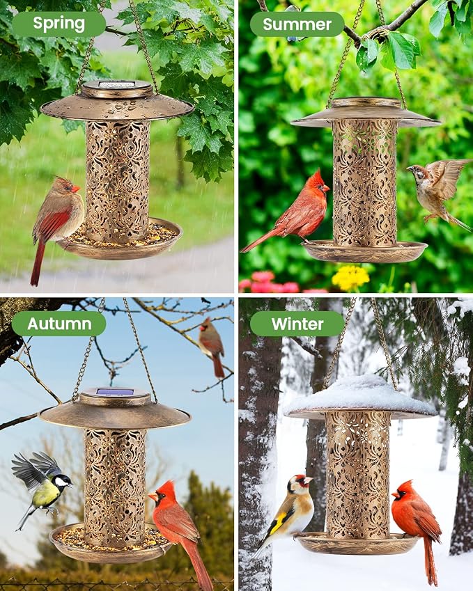 SWEETFULL Solar Bird Feeder for Outdoors Hanging, Metal Wild Bird Feeder for Cardinals Solar Garden Lantern with S Hook as Gift Ideas for Bird Lovers (2LBs Heavy Duty Weather Resistance birdfeeders)