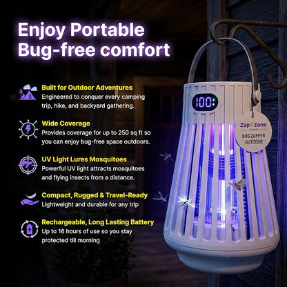 Zap Zone Defender Bug Zapper Outdoor Indoor, Rechargeable Mosquito Zapper with UV Light USB-C Electric Insect Trap Mosquito Repellent Outdoor Patio Camping Traps 3 Modes IPX5 Water Resistant Lantern