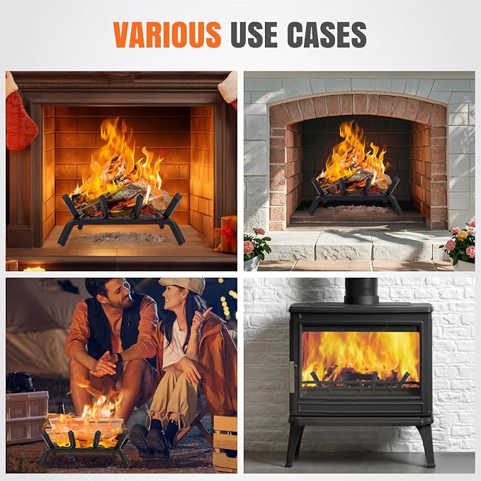INNO STAGE Fireplace Grates with Ember Retainer - 14 Inch Fireplace Log Grate, Firewood Wood Log Holder Rack,Inside Wrought Cast Iron Fire Grate for Hearth Indoor Outdoor Camping
