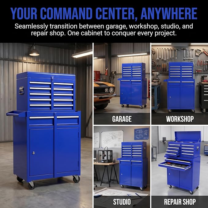 5-Drawer Tool Chest, Detachable Top Box for Garage,Blue | Rolling Mobile Storage Cabinet Organizer with Lockable Wheels for Workshop Utility, Heavy Duty Metal Construction