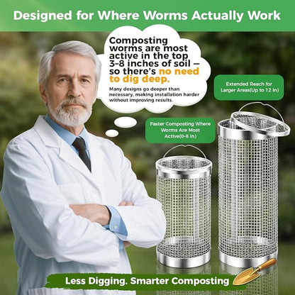 2 Pack Worm Composter Worm Bin, Stainless Steel Inground Compost Bin with Handle, Metal Worm Composting System for Kitchen Food Waste Recycling, Outdoor Garden Vermicomposting Bin w/Lid, Easy Install