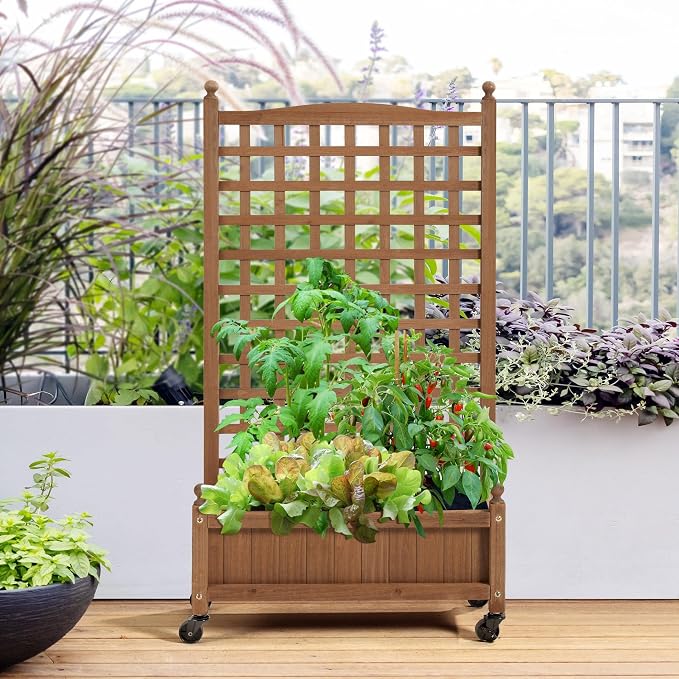Topeakmart Rolling Raised Garden Bed with Trellis 50" Planter Box on Wheels | Movable planter on wheels with trellis for climbing vines. Easy to roll for sun or shade. Perfect for decks & small gardens.