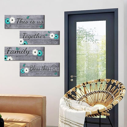 Joyhawk 4 Pcs Farmhouse Wall Decor with Teal Butterflies & Daisies, Rustic Wooden Signs Set (This is Us, Together, Family, Bless This Home), Grey Floral Wall Art for Living Room Bedroom, Housewarming Gift, 4.7" x 13.8"