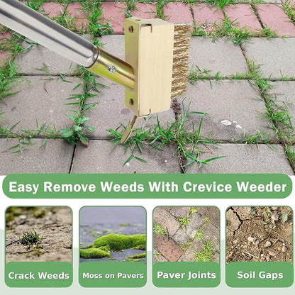 Crack Weeder, Moss Remover Tool, Manual Crevice Weeding Tool, Weed Puller Grout Brush with 66-inch Long Handle for Deck, Paver, Patio, Walkway, Driveway - 2 Weed Brush Heads 07