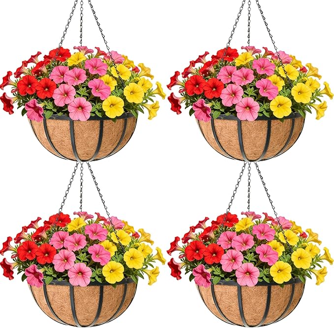 16 Inch Black Flat Iron Metal Hanging Planter Basket with Coco Coir Liner(4 Pack) Hanging Planters for Outdoor Plants Hanging Baskets for Plants Flower Pots for Deck Patio Porch Garden Balcony
