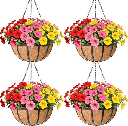16 Inch Black Flat Iron Metal Hanging Planter Basket with Coco Coir Liner(4 Pack) Hanging Planters for Outdoor Plants Hanging Baskets for Plants Flower Pots for Deck Patio Porch Garden Balcony