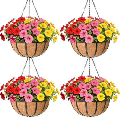 14 Inch Black Flat Iron Metal Hanging Planter Basket with Coco Coir Liner(4 Pack) Hanging Planters for Outdoor Plants Hanging Baskets for Plants Flower Pots for Deck Patio Porch Garden Balcony