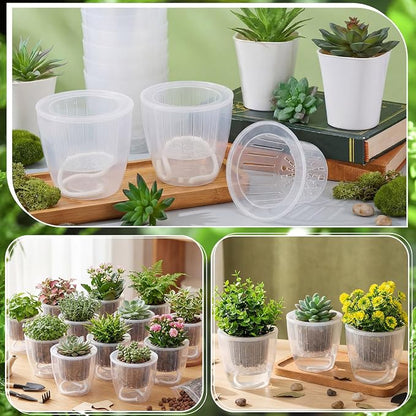 18 Pcs Self Watering Pots 4.3 Inch Plastic Flower Plant Pot with Inner Pot Self Watering Wick Planter White Clear Flower Pots for Indoor House Plants Herbs, Flowers, Succulents (Transparent)