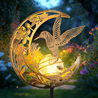 Solar Hummingbird Garden Gifts for mom/Grandma/Women,Lights Outdoor Decor - Moon & Bird SolaGardenLights Waterproof, Auto On/Off Pathway Lighting for Yard/Lawn/Patio,Thanksgiving Day