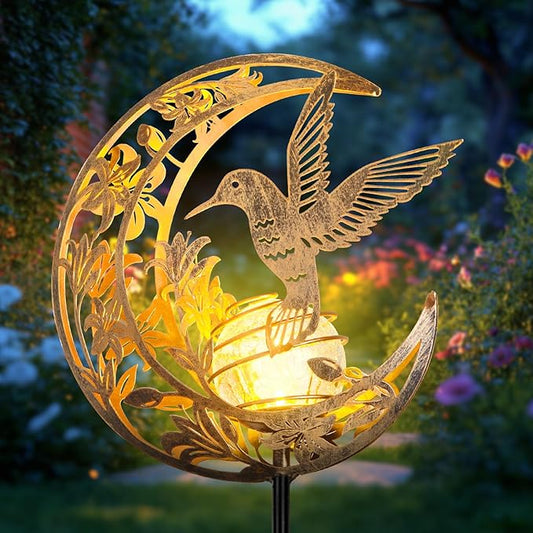 Solar Hummingbird Garden Gifts for mom/Grandma/Women,Lights Outdoor Decor - Moon & Bird SolaGardenLights Waterproof, Auto On/Off Pathway Lighting for Yard/Lawn/Patio,Thanksgiving Day