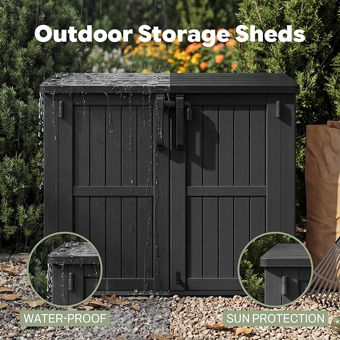 LHBcraft Waterproof Outdoor Storage Box 36 Cu Ft with Lockable Doors, Portable Horizontal Resin Storage Shed, Outdoor Storage Cabinet for Backyards