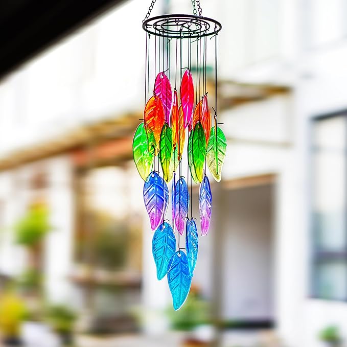 YU FENG 18 Inch Stained Glass Leaves Wind Chimes for Outside Garden | Handmade Glass Wind Chime, Forest Leaf Design, Rainbow Light Catcher, Patio Window Yard Hanging Decor