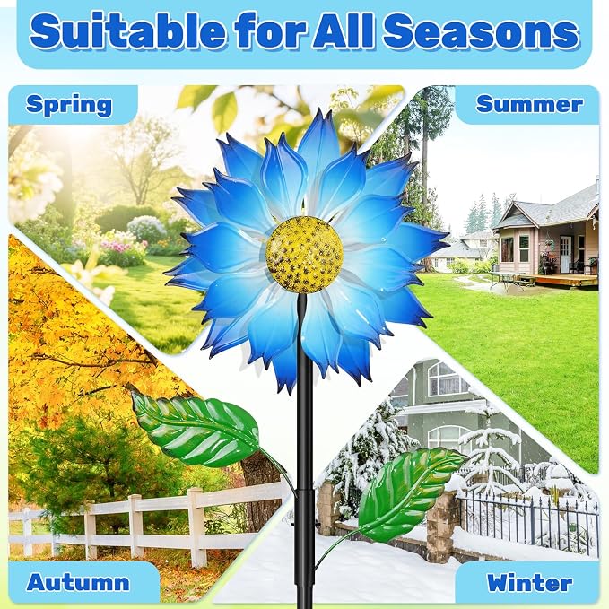 Blue Flower Metal Wind Spinner, 63.4" Kinetic Large Wind Sculptures with 5 Prong Anti-Tip Ground Stake, All Weather Kinetic Yard Art Decor for Lawn Garden Patio Outside Ornament