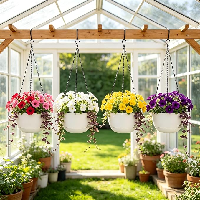 Set of 4-8 Inch Self Watering Hanging Planters for Indoor Outdoor，Hanging Plant Pots with Drainage & Removable Tray, Hanging Pots Holder for Ivy, Pothos, Ferns, Balcony & Patio, White
