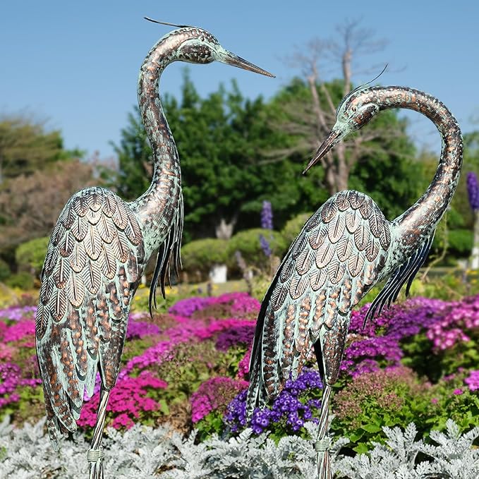 Kircust Garden Crane Statues, Standing Metal Patina Heron Decoy Weather-Resistant and Rustless Outdoor Statue, 42-46 Inch Bird Yard Art for Patio Lawn Pond, Set of 2