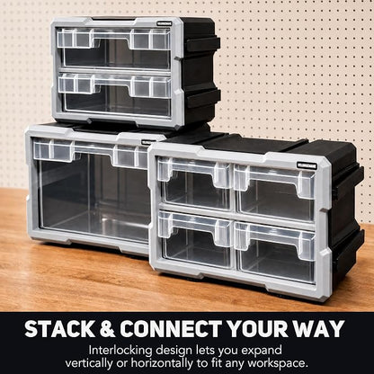 4 Drawer Modular Stackable Storage Organizer System with Clear Drawers, Removable Handle, Interlocking Frame, Wall Mount Garage Storage Solution
