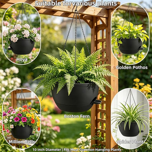 2 Pack 10 Inch Self Watering Hanging Planters for Indoor Plants, Large Black Plastic Hanging Pots with Chains for Outdoor Patio Garden Home Decor (Black)