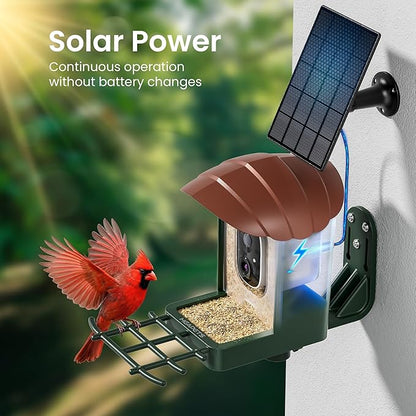 HEAPETS Bird Feeder with Camera Solar Powered, 3K HD Video, AI Bird Recognition, Auto Capture with Instant Notifications, IP65 Weatherproof, Gifts for Seniors Bird Watchers, Brown