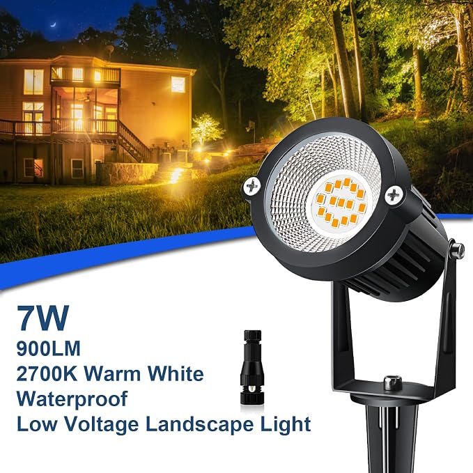 7W Low Voltage Landscape Lights with Connectors and Spike Stands (6 Pack) | 7W Low Voltage LED Landscape Lights with Connectors Outdoor 12V Super 900LM Warm White Waterproof Garden Pathway Lights