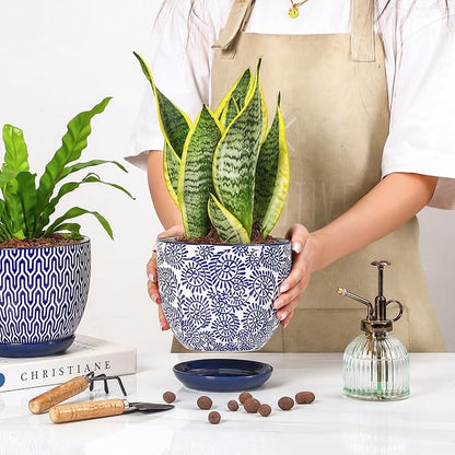 Selamica Ceramica Plant Pots, 6.5 Inch Flower Pots Set of 2 with Drainage Holes & Saucer, Planters for Indoor Plants, Home Decor, Vintage Blue